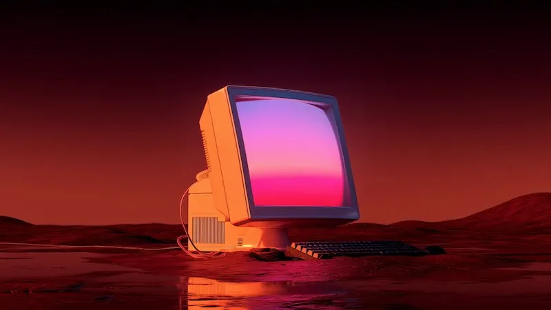 Computer in a sci-fi desert landscape