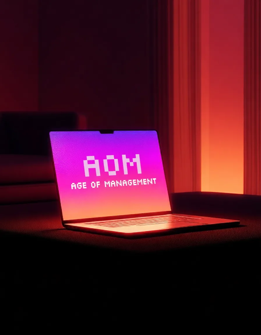 Laptop with Age of Management game screenshot